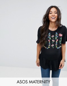 Футболка с вышивкой и оборкой ASOS Maternity - Черный