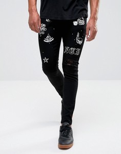 Супероблегающие джинсы с рваной отделкой и принтом Criminal Damage - Черный