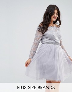 Кружевное короткое приталенное платье с открытыми плечами и юбкой из тюля Little Mistress Plus - Серый