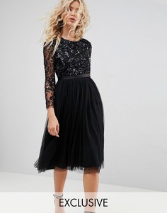 Платье миди с длинными рукавами и отделкой Needle &amp; Thread - Черный