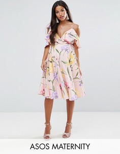Платье миди с открытыми плечами и цветочным принтом ASOS - Мульти