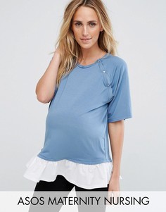 Футболка с кнопками на плечах и оборкой ASOS Maternity NURSING - Синий