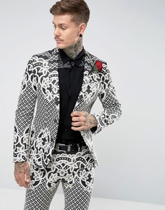 Черно-белый приталенный пиджак с жаккардовой вышивкой ASOS - Черный