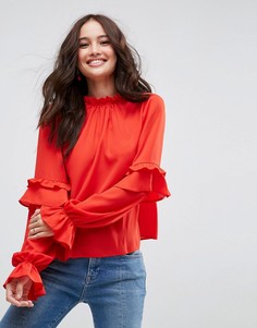 Блузка с высоким воротом и оборками на рукавах ASOS - Красный