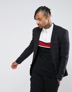 Супероблегающий синий блейзер в бордовую клетку ASOS - Темно-синий