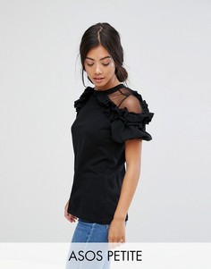 Футболка с оборками и сетчатой вставкой ASOS PETITE - Черный