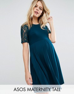 Платье мини с плиссировкой и кружевом ASOS Maternity TALL - Зеленый