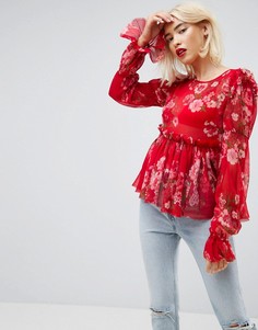 Красная свободная блузка с оборками и цветочным принтом ASOS - Мульти