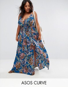 Свободное пляжное платье макси с запахом и принтом ASOS CURVE - Мульти