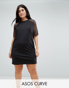 Платье-футболка с сетчатыми рукавами ASOS CURVE - Черный