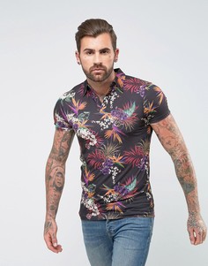 Обтягивающее поло с отложным воротником и цветочным принтом ASOS - Черный