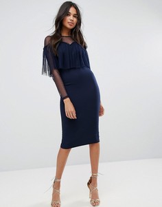Облегающее платье миди с отделкой из ткани добби и длинными рукавами ASOS - Темно-синий