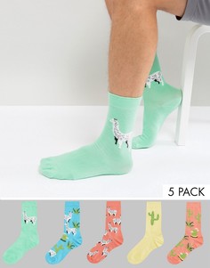 5 пары носков с отделкой из пушистой пряжи (принт кактусов/ принт лам) ASOS - Мульти