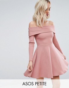 Короткое приталенное платье в рубчик с открытыми плечами ASOS PETITE PREMIUM - Розовый