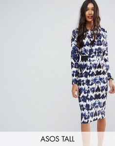 ASOS TALL Midi Dress With Elastic Waist Detail In Ink Splash Print - Мульти