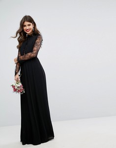 Плиссированное платье макси с высоким воротом и кружевными рукавами TFNC WEDDING - Черный