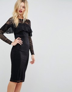 Кружевное платье-футляр миди с длинными рукавами и оборкой ASOS - Черный