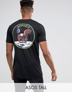 Длинная черная футболка с принтом на груди и спинке ASOS TALL - Черный