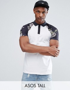 Поло с контрастными рукавами реглан с пиксельным принтом ASOS TALL - Белый