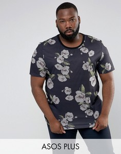 Длинная футболка с глубоким вырезом и цветочным принтом ASOS PLUS - Черный