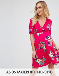 Розовое короткое приталенное платье с запахом и цветочным принтом ASOS Maternity NURSING - Мульти