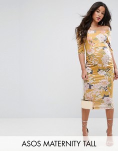 Желтое платье в цветочек с широким вырезом и укороченными рукавами ASOS Maternity TALL - Мульти