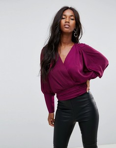 Атласный топ с запахом и рукавами летучая мышь ASOS - Красный