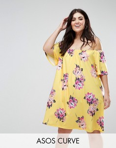 Желтое платье мини с открытыми плечами и цветочным принтом ASOS CURVE - Мульти
