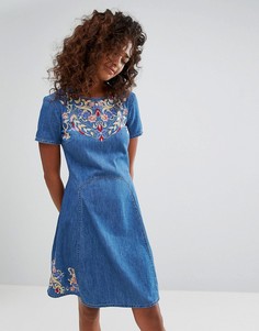 Приталенное джинсовое платье с цветочной вышивкой Espirit - Синий Esprit