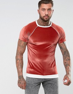 Велюровая футболка с отделкой в рубчик и окантовкой ASOS - Красный