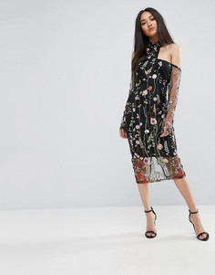 Платье с Т-образной бретелью, цветочной вышивкой и сетчатыми рукавами длиной 3/4 AX Paris - Черный