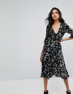 Платье миди с цветочным принтом и оборками Boohoo - Черный