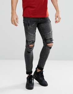 Выбеленные черные супероблегающие джинсы в байкерском стиле New Look - Черный