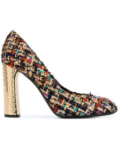 metallic heel tweed pumps Casadei