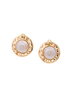 Cutout Logo Round Pearl Earrings Chanel Vintage