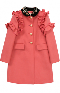 Пальто из шерсти с оборками и аппликациями Gucci