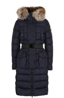 Стеганый пуховик с поясом и капюшоном Moncler