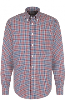 Хлопковая рубашка в клетку с воротником button-down Brioni
