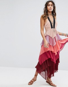 Многоярусное платье макси в стиле колор блок Free People - Розовый