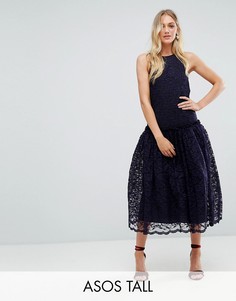 Кружевное платье миди с заниженной талией ASOS TALL - Темно-синий