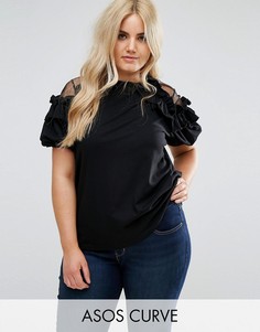 Футболка с оборками на рукавах и сетчатой вставкой ASOS CURVE - Черный