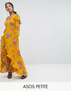 Платье макси с длинным рукавом, цветочным принтом и запахом ASOS PETITE - Желтый