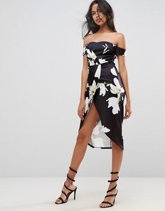 Платье миди с цветочным принтом и открытыми плечами ASOS - Мульти