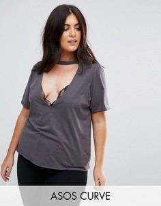 Футболка с высоким воротом, глубоким вырезом и сетчатыми вставками ASOS CURVE - Серый