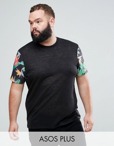 Футболка с эффектом льна и контрастными рукавами с цветочным принтом ASOS PLUS - Черный