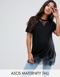 Длинная футболка с кружевной отделкой ASOS Maternity TALL - Черный