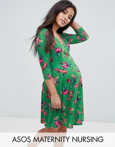 Зеленое короткое приталенное платье с запахом и цветочным принтом ASOS Maternity NURSING - Мульти