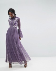 Сетчатое премиум-платье макси с оборками и вышивкой Lace &amp; Beads - Серый