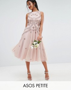 Короткое приталенное платье миди с бисерной отделкой ASOS PETITE BRIDESMAID - Розовый