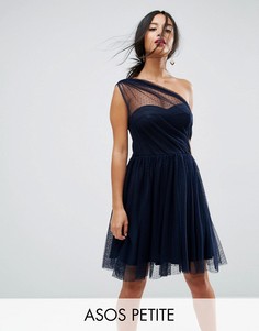 Сетчатое платье мини для выпускного на одно плечо из ткани добби ASOS PETITE - Темно-синий
